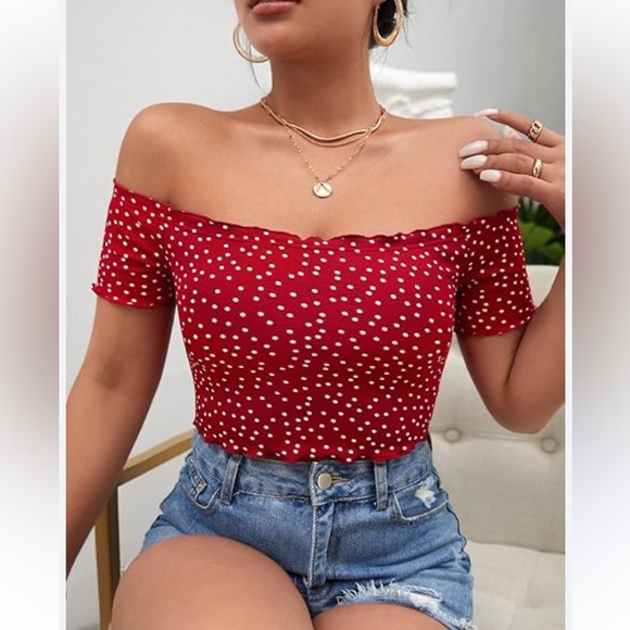 Red off the shoulder polkadot blouse - Picture 3 of 4